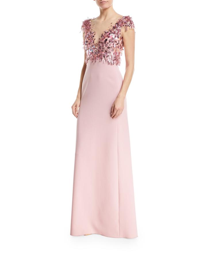 Illusion-neckline Short-sleeve Paillette Top Crepe Evening Gown