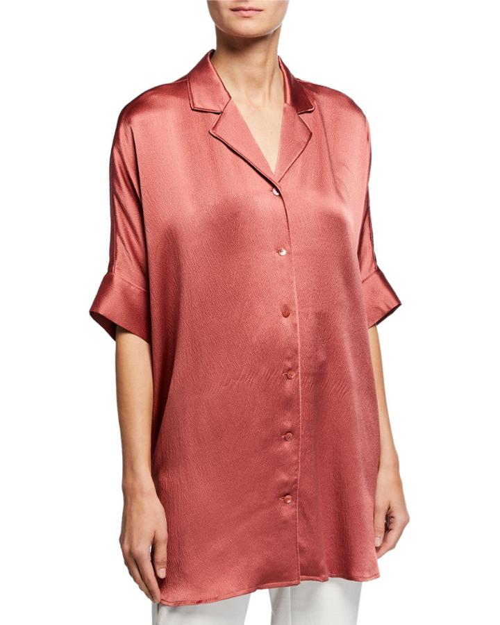 Hammered Silk Button-front Elbow-sleeve