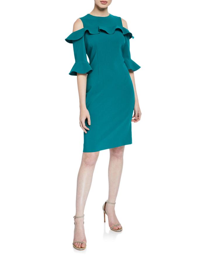 Cold-shoulder Half-sleeve Crepe Sheath Dress W/ Ruffle Trim