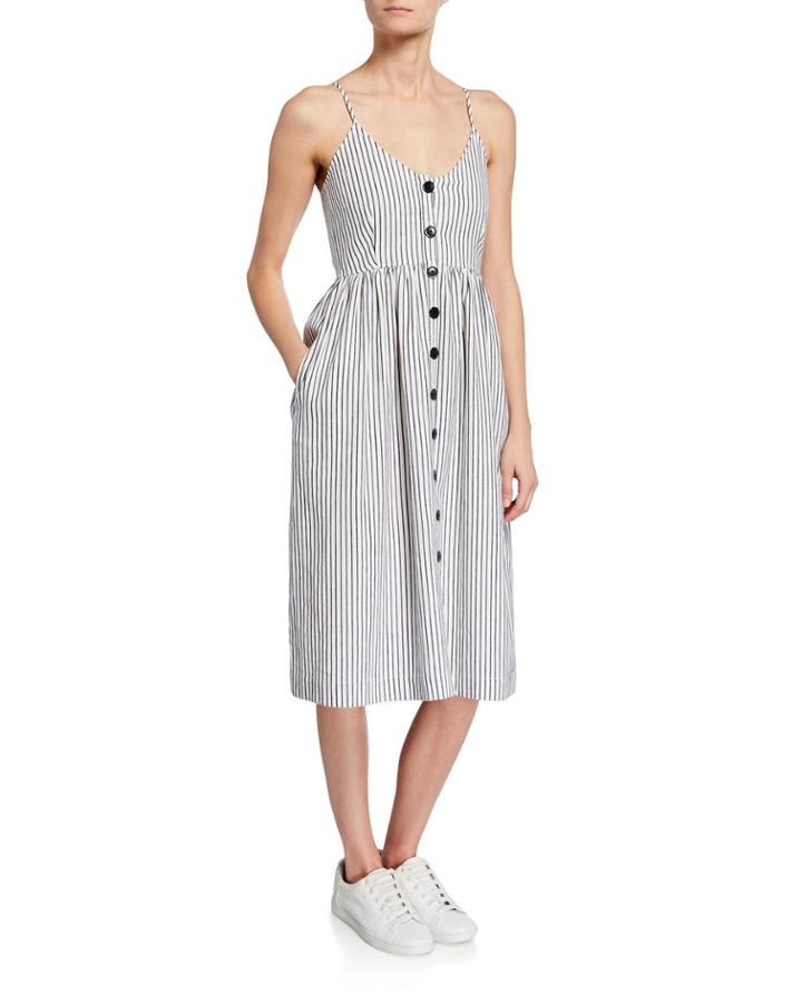 Striped Button-front Spaghetti-strap Dress