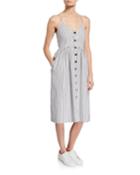 Striped Button-front Spaghetti-strap Dress