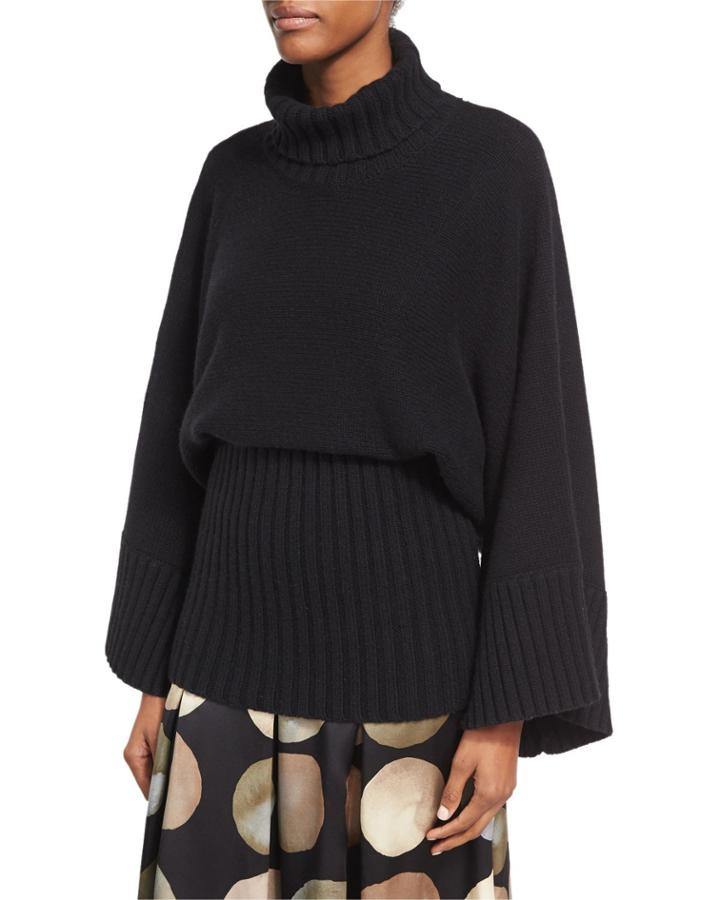 Bell-sleeve Turtleneck Sweater With Wide Hem