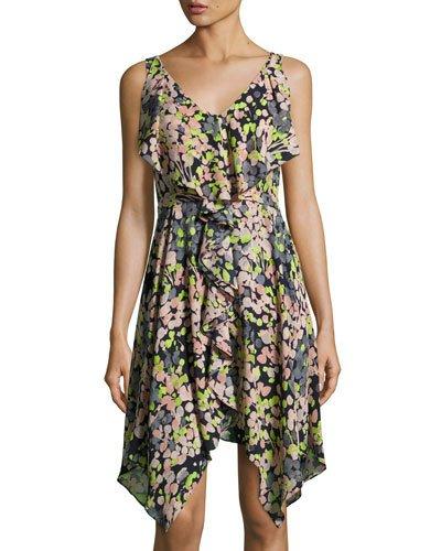 Floral-print Asymmetric Ruffle Dress, Blue Pattern