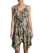 Floral-print Asymmetric Ruffle Dress, Blue Pattern