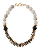 Agate, Bone & Leather Necklace, White/black