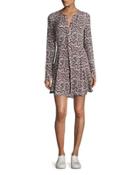 Randi Long-sleeve Abstract Silk Mini Dress, Red/multicolor