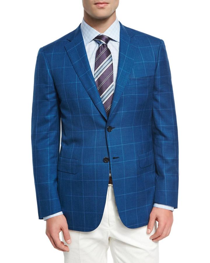 Windowpane Wool-linen-silk Sport Coat, High Blue