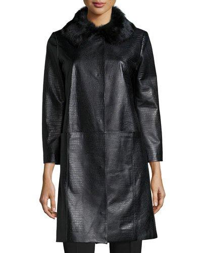 Croc-embossed Leather Topper Coat, Black