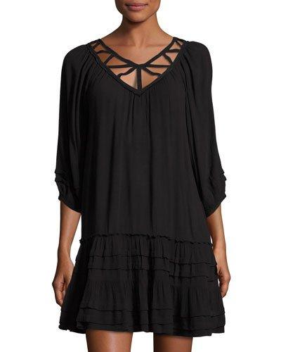 3/4-sleeve Lattice-yoke Dress, Black