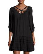 3/4-sleeve Lattice-yoke Dress, Black