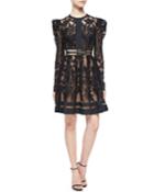 Puff-sleeve Sheer Lace Fit-and-flare Cocktail Dress