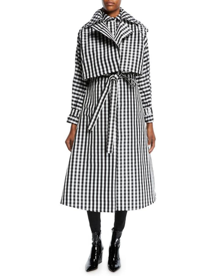 Belted Silk Gingham Long Trench Coat