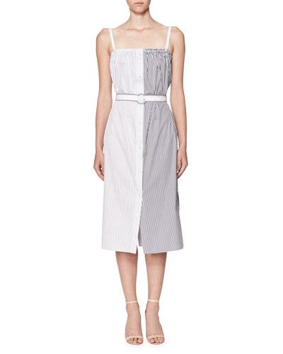 Striped Button-front Sleeveless Midi Sundress With Belt, Blue/white