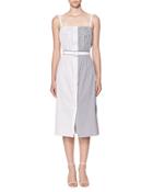 Striped Button-front Sleeveless Midi Sundress With Belt, Blue/white