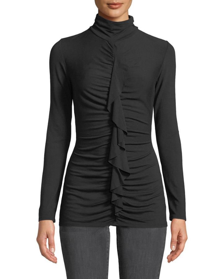Ruched Ruffle-front Long-sleeve Tee