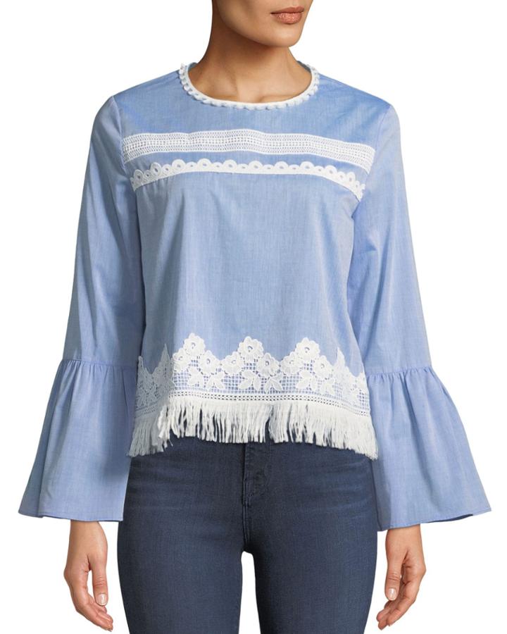 Fringe-trim Long-sleeve Blouse