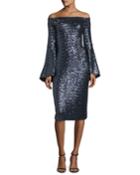 Off-the-shoulder Trumpet-sleeve Sequin Cocktail Dress