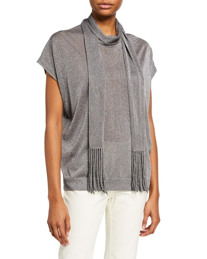 Shimmer Knit Tunic With Fringed
