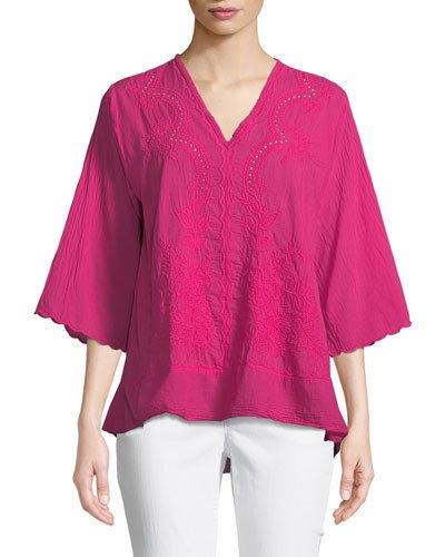 Embroidered 3/4 Sleeve V-neck Blouse
