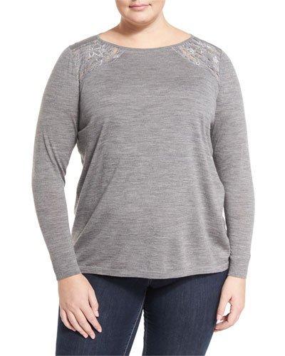 Lace-inset Wool Sweater, Nickel,