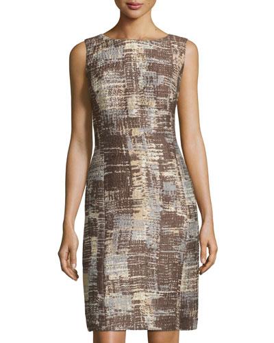 Carol Sleeveless Jacquard Sheath Dress, Chestnut/multi