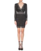 Long-sleeve Deep V-neck Striped Knit Cocktail Dress