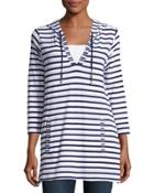 Striped 3/4-sleeve Hooded Tunic, White/navy