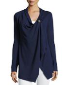 Draped Button-front Cardigan, Navy/heather Gray