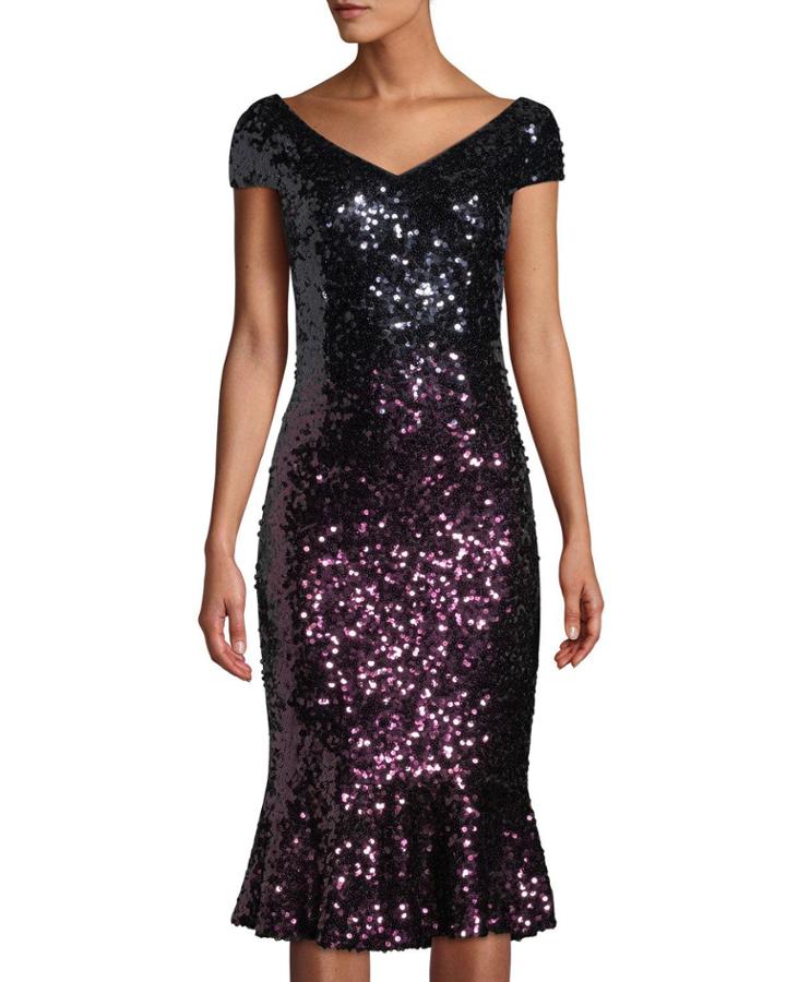 Cap-sleeve Ombre Sequin Flounce Dress
