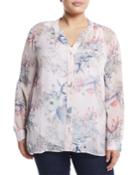 Jasmine Floral Print Roll-sleeve Button-front Blouse, Pink,