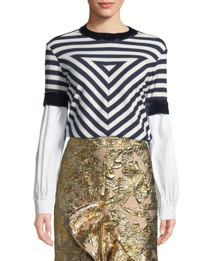 Long-sleeve Mixed-media Striped Knit Top