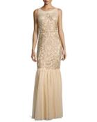 Sleeveless Beaded Gown With Tulle