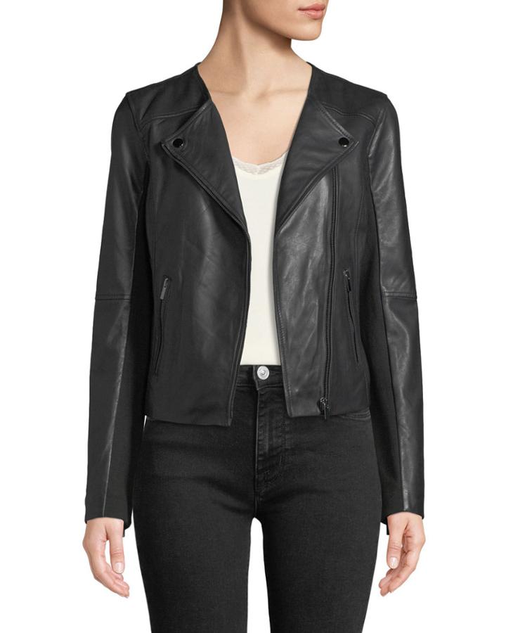 Collarless Smooth-leather Biker Jacket
