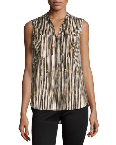 Striped Half-zip Sleeveless Blouse, Black/multi