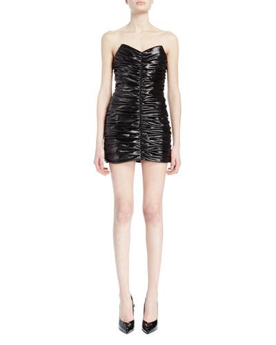 Strapless Shirred Mini Dress, Black