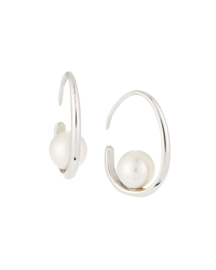 14k White Gold Pearl Hoop Earrings