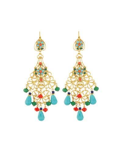 Golden Filigree Chandelier Earrings W/ Multicolor Crystals & Beads