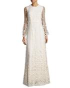 Pebble Lace Long-sleeve Column Dress, Ivory