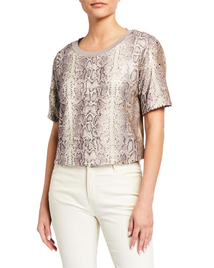 Alexi Sequined Snake-print Cropped Tee