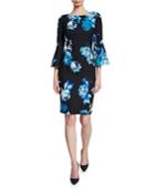 Dark Floral Bell-sleeve Crepe