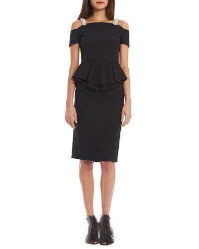 Embellished-neck Peplum Sheath Dress, Black