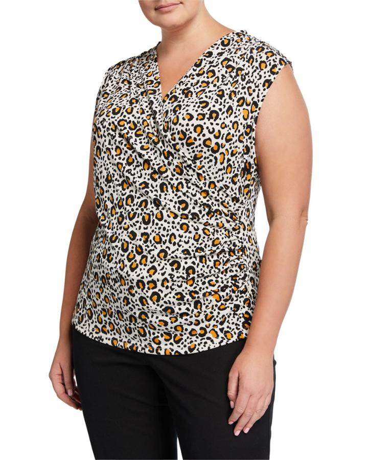 Plus Size Faux-wrap Leopard-print Top