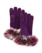 Cashmere Tech Gloves W/fox Fur Cuff, Eggplant