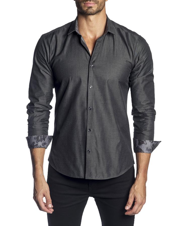 Men's Semi-fitted Solid Long-sleeve Button-down Shirt With Floral Cuffs