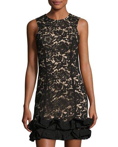 Lace-overlay Sleeveless Ruffled-hem Dress, Black/nude
