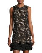 Lace-overlay Sleeveless Ruffled-hem Dress, Black/nude