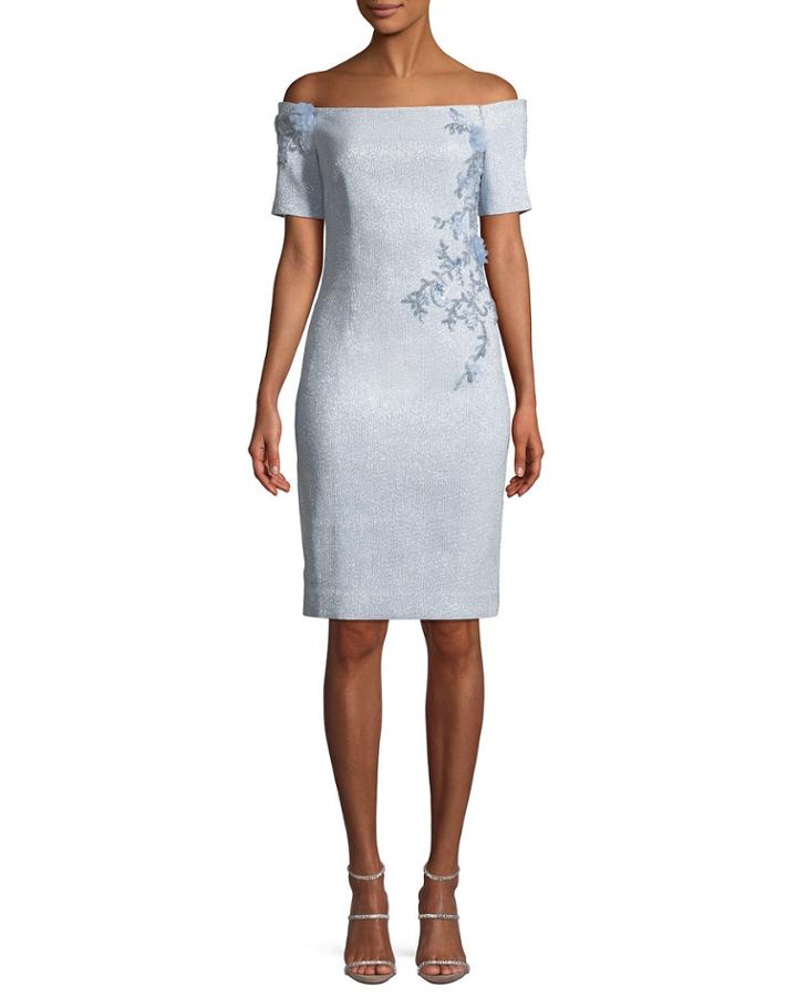 Off-the-shoulder Sheath Cocktail Dress W/ Beaded Trim