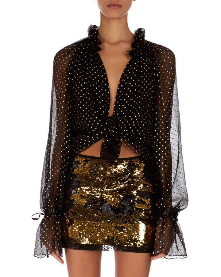 Plunging Tie-front Metallic Dot-print