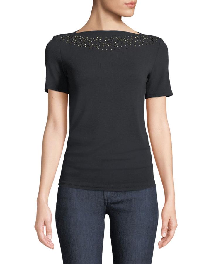 Beaded-yoke Boat-neck Ribbed Tee