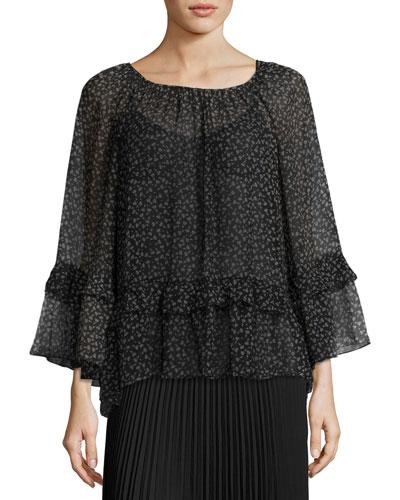 Floral-print Georgette Ruffled Blouse, Black Pattern